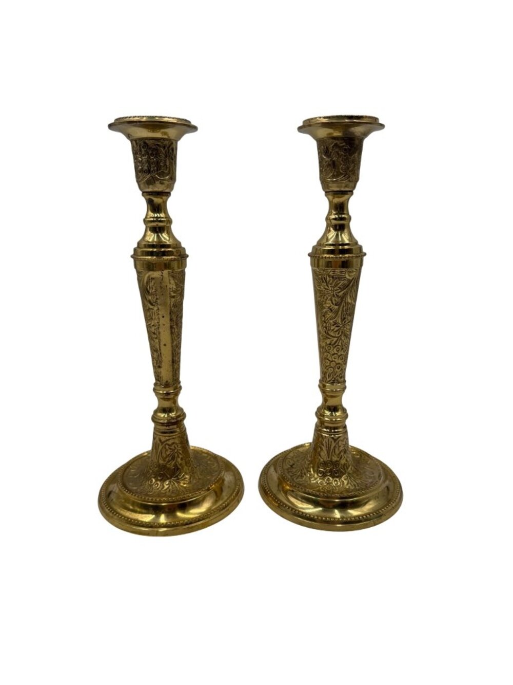 Vintage Art Deco Brass Candlestick Holders Floral Embossed Pair 10.5" Elegant